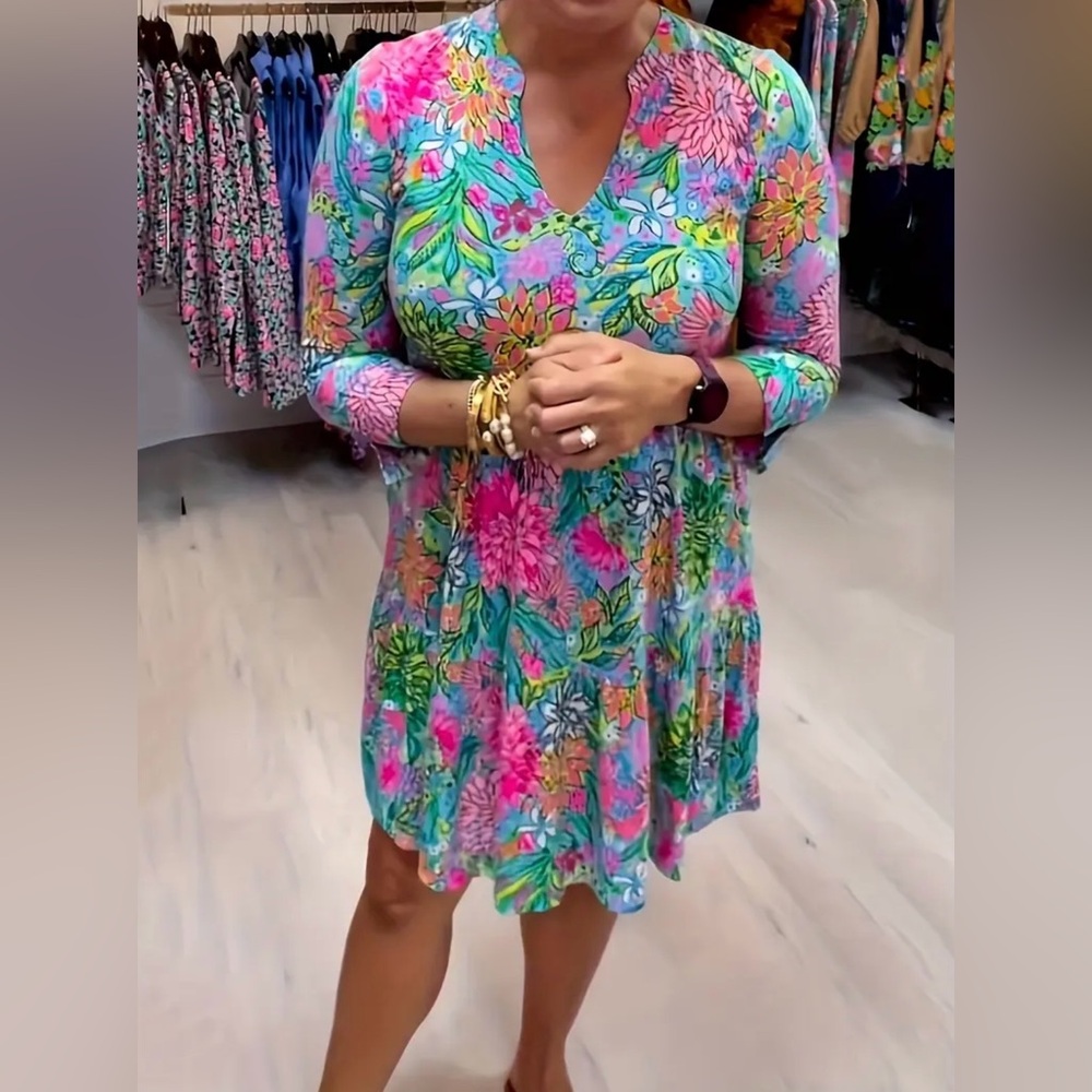 NEW Floral V-Neck Alaina Sea Breeze Blue Walking On Sunshine Swing Dress XL - Picture 3 of 6